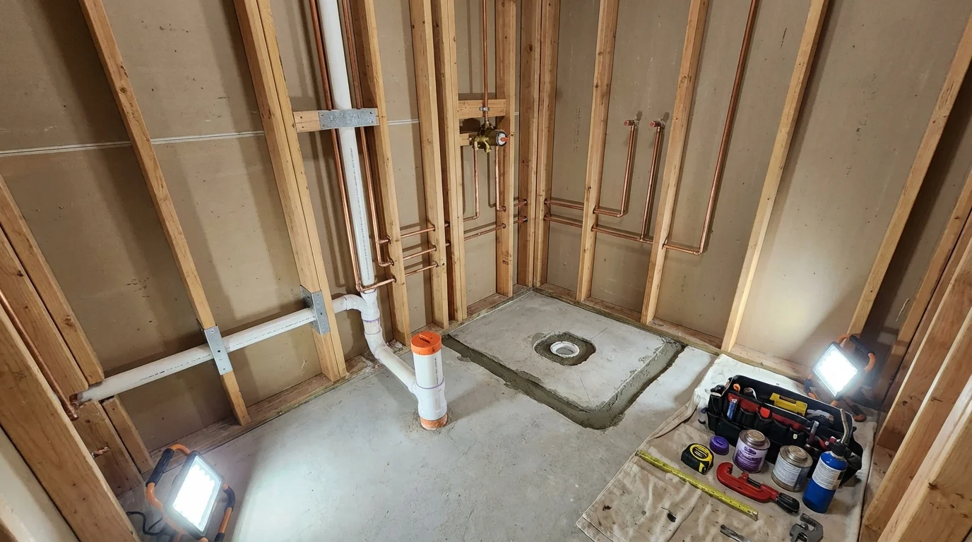 Bathroom rough-in plumbing during remodel by Johns Plumbing LLC in Flint