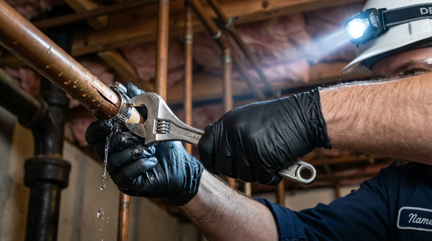 Emergency pipe clamp repair being performed by a Johns Plumbing LLC plumber in Flint