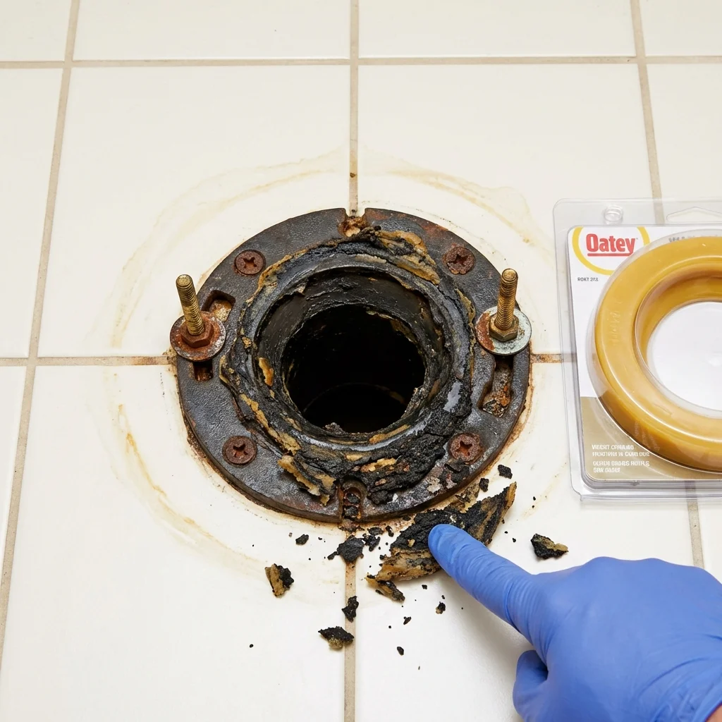 Failed wax ring showing water seepage at the base of a toilet in a Flint, MI home