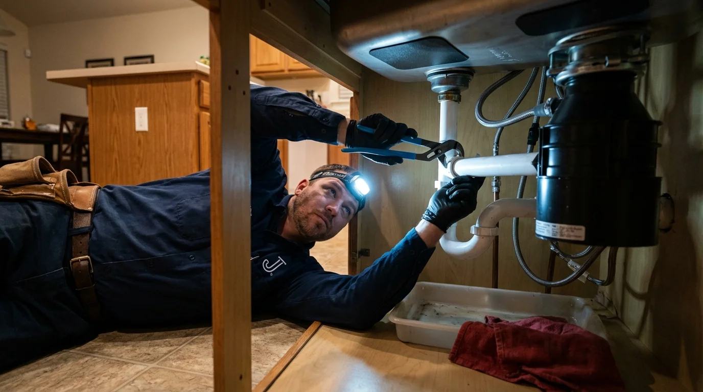 P-trap and supply line connections under a kitchen sink showing a common leak point in Flint, MI